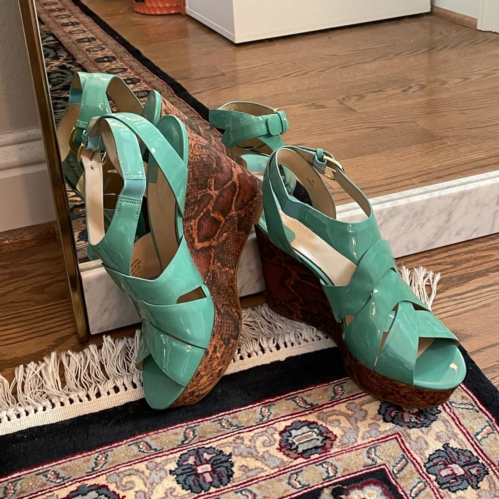 Turquoise patent wedges with cork heel